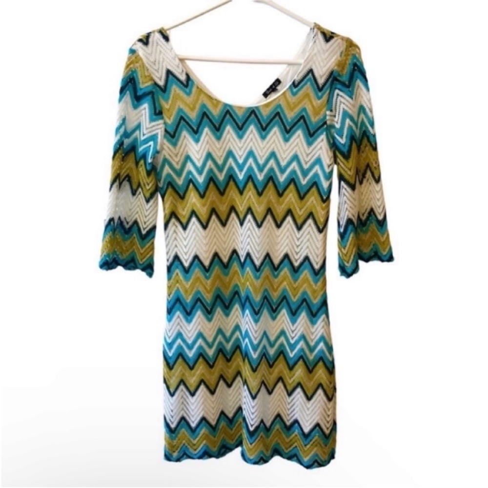 Fresh of LA Chevron Knit Bell Sleeve Mini Dress Aqua Gold Metallic Boho Retro S